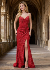 Zara Red Velvet Sequins Prom Dress | Sheath Fitted Spaghetti Straps V - Neck Backless Pleated Dress with Slit - US0 - PromDressClub