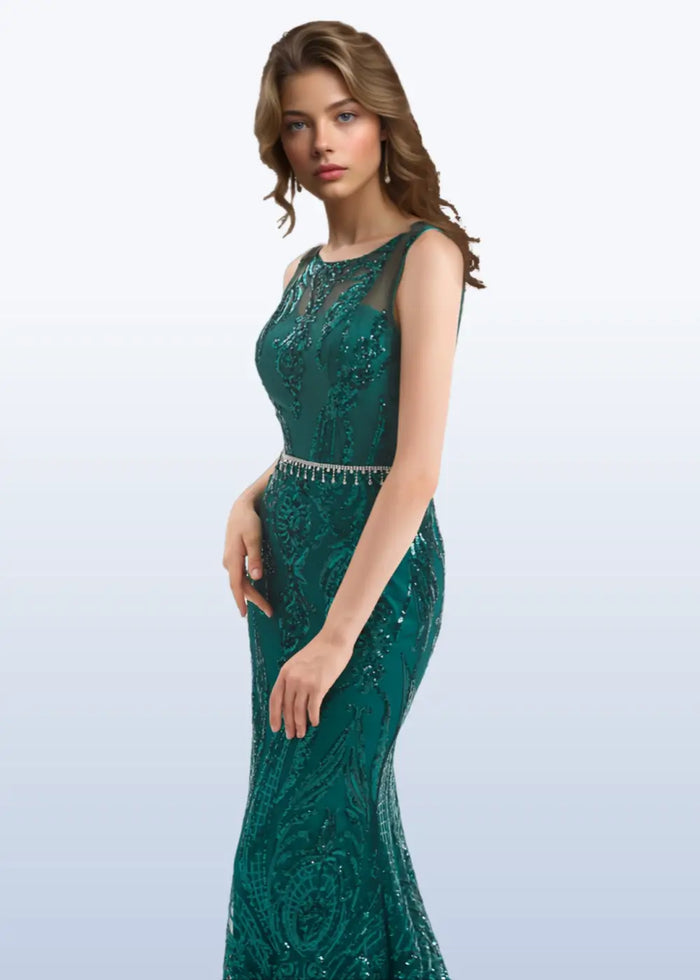 Hedy | Dark Green Mermaid High Neck Corset Prom Dress With Belt - Burgundy - PromDressClub