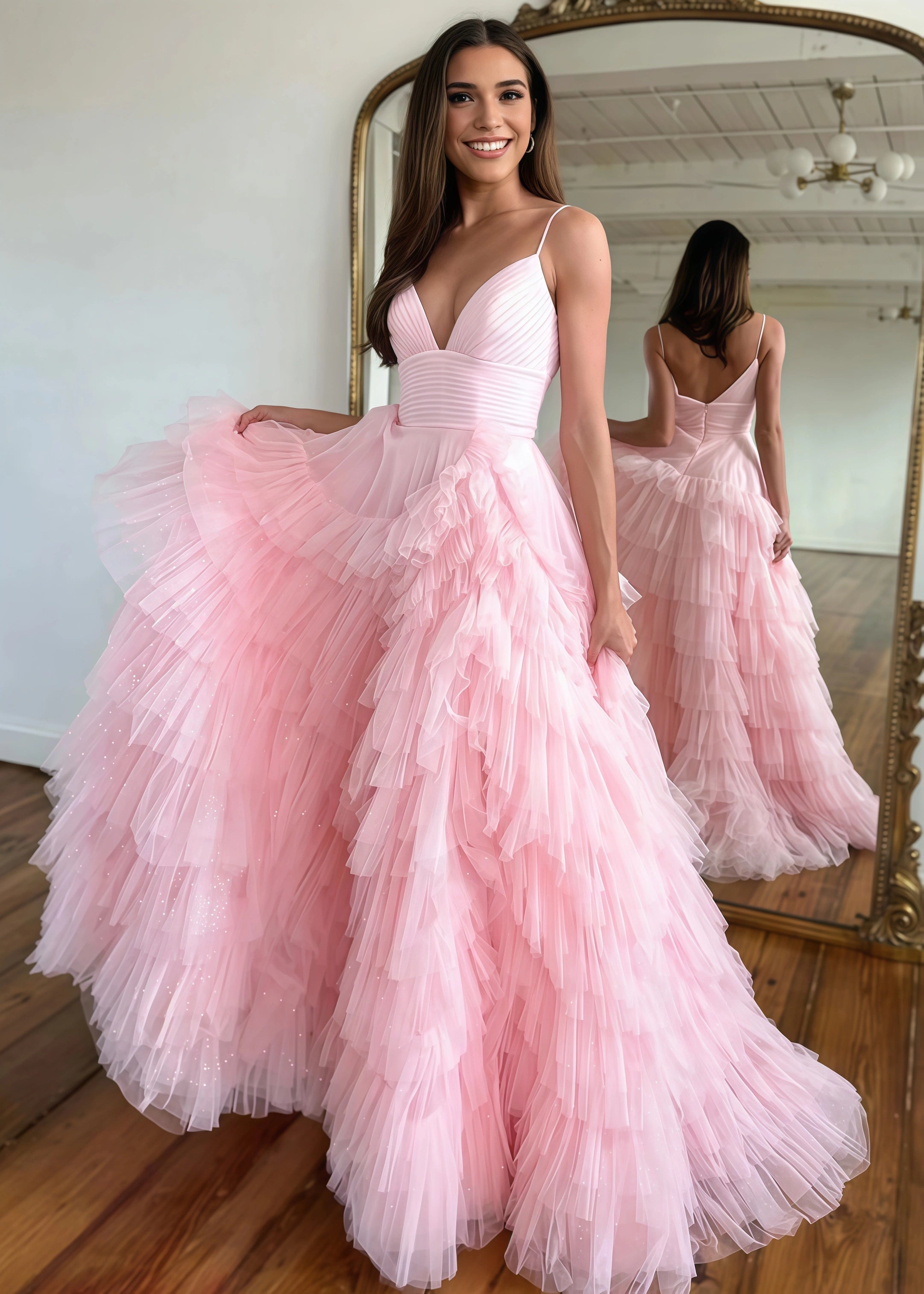 Isabel | A Line Hot Pink Ruffle Spaghetti Strap Corset Tulle Formal Dress with Slit - Light Pink - PromDressClub