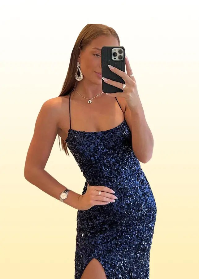 Eileen | Navy Blue Prom Dresses Long Mermaid Sequin Lace - Up with Slit - Navy Blue - PromDressClub
