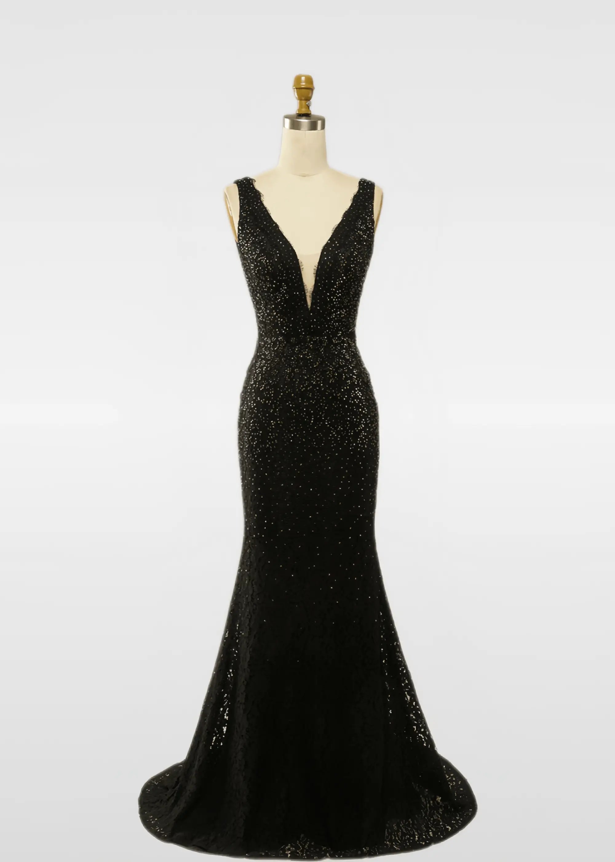 Evangeline | Glitter Black Lace Mermaid V Neck Prom Dress Sequin with Rhinestone - Black - PromDressClub