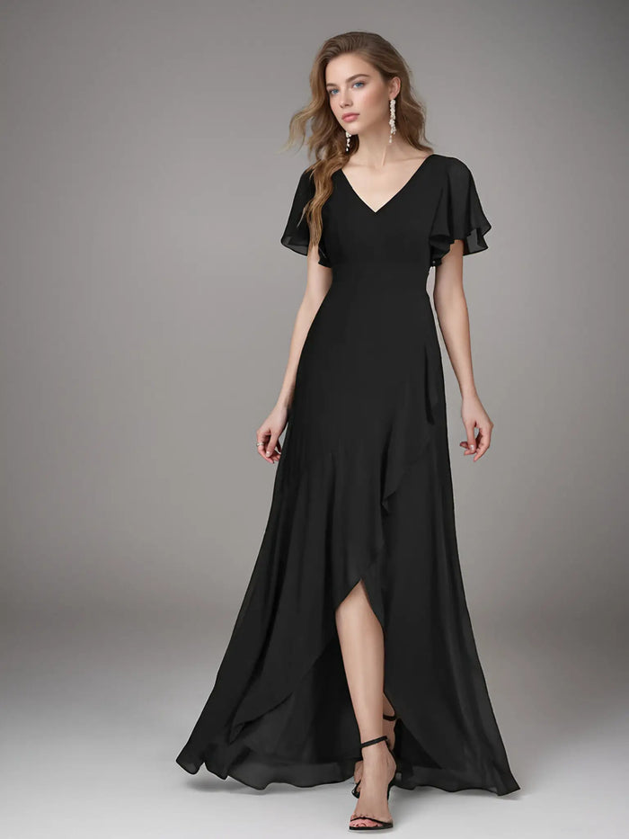 Theresa | Champagne and Royal Blue Plus Size A Line ruffle Prom Dress with Slit - Rose Gold - PromDressClub