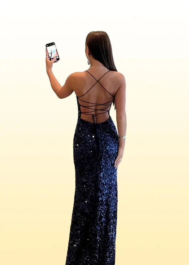 Eileen | Navy Blue Prom Dresses Long Mermaid Sequin Lace - Up with Slit - Navy Blue - PromDressClub