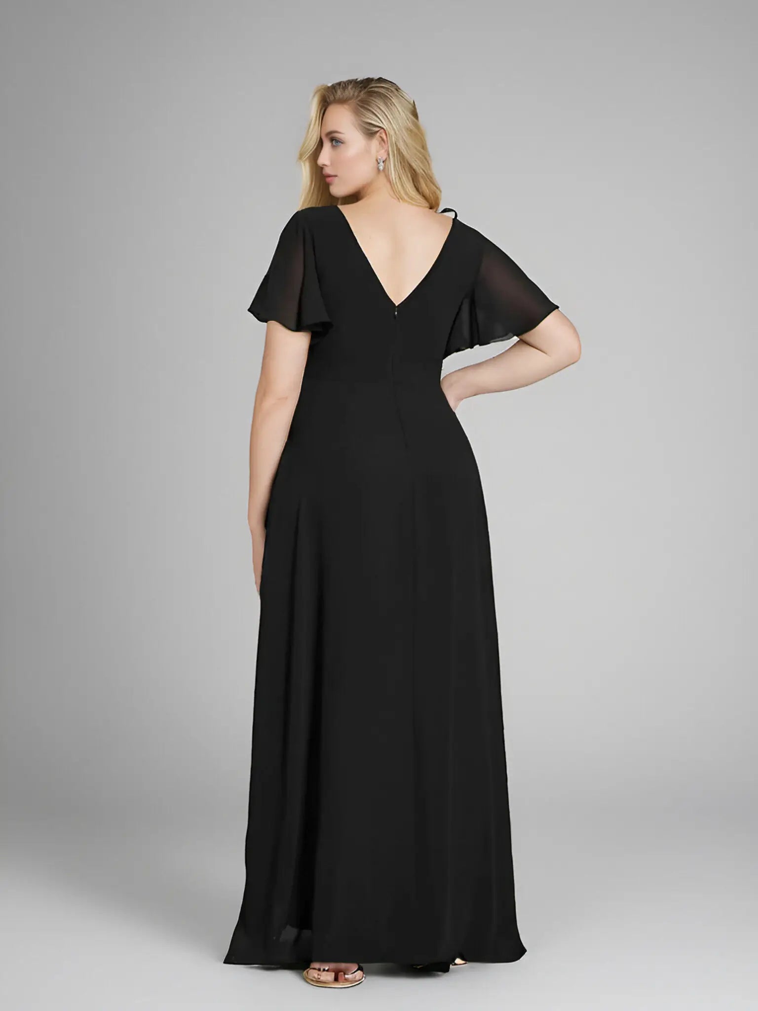 Theresa | Champagne and Royal Blue Plus Size A Line ruffle Prom Dress with Slit - Black - PromDressClub