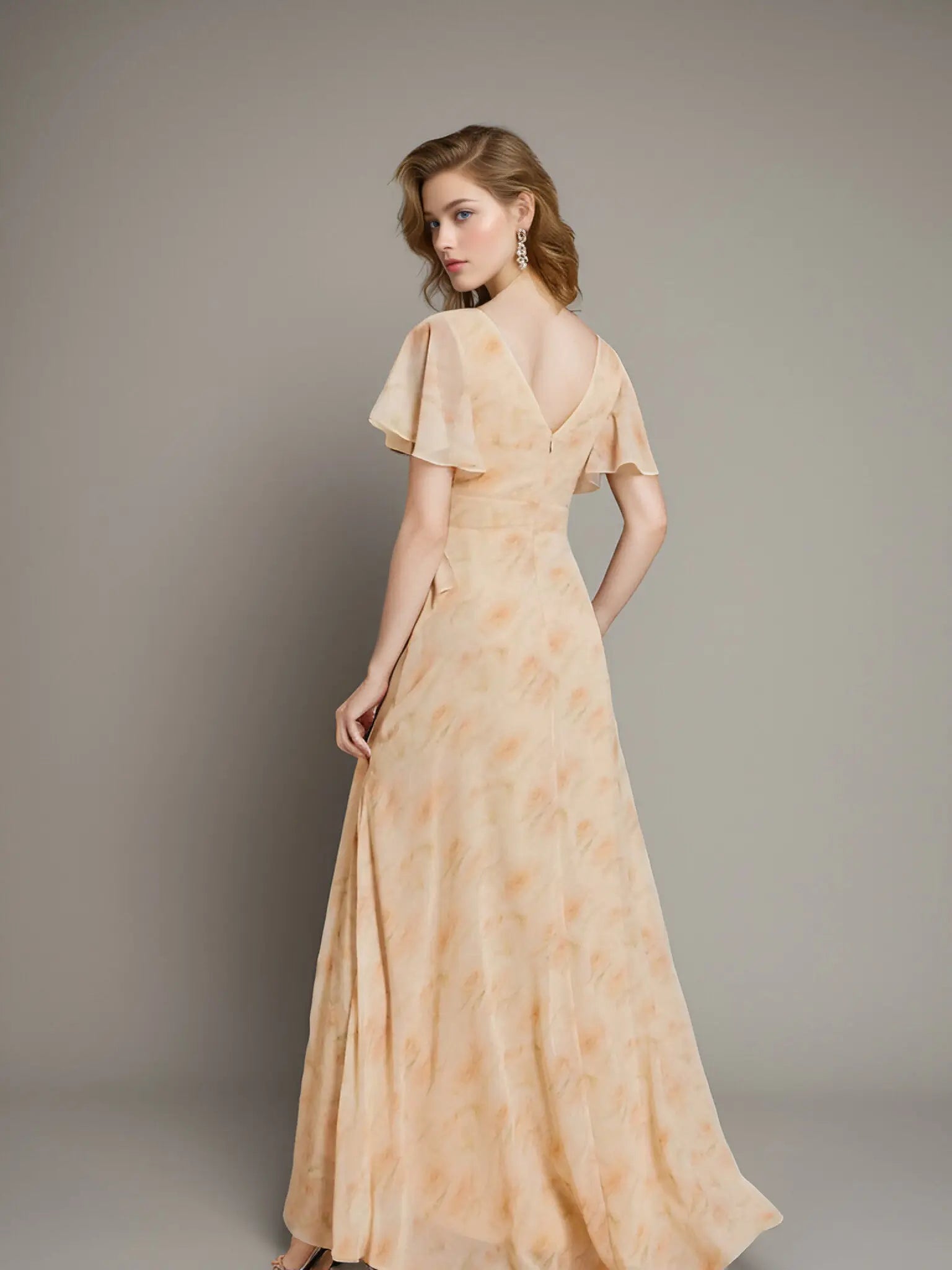 Theresa | Champagne and Royal Blue Plus Size A Line ruffle Prom Dress with Slit - Rose Gold - PromDressClub