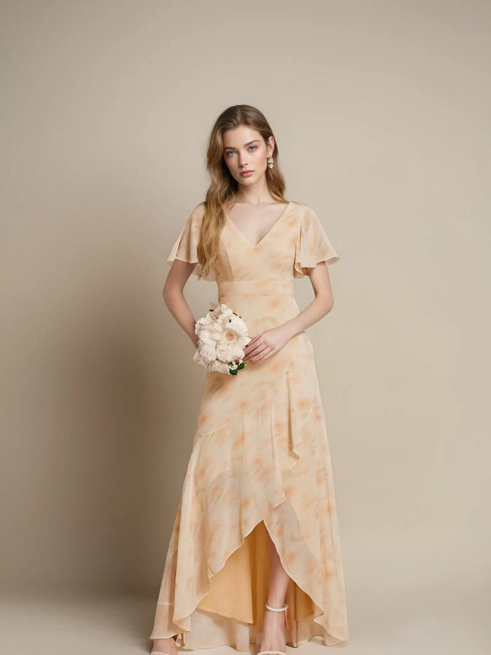 Theresa | Champagne and Royal Blue Plus Size A Line ruffle Prom Dress with Slit - Rose Gold - PromDressClub