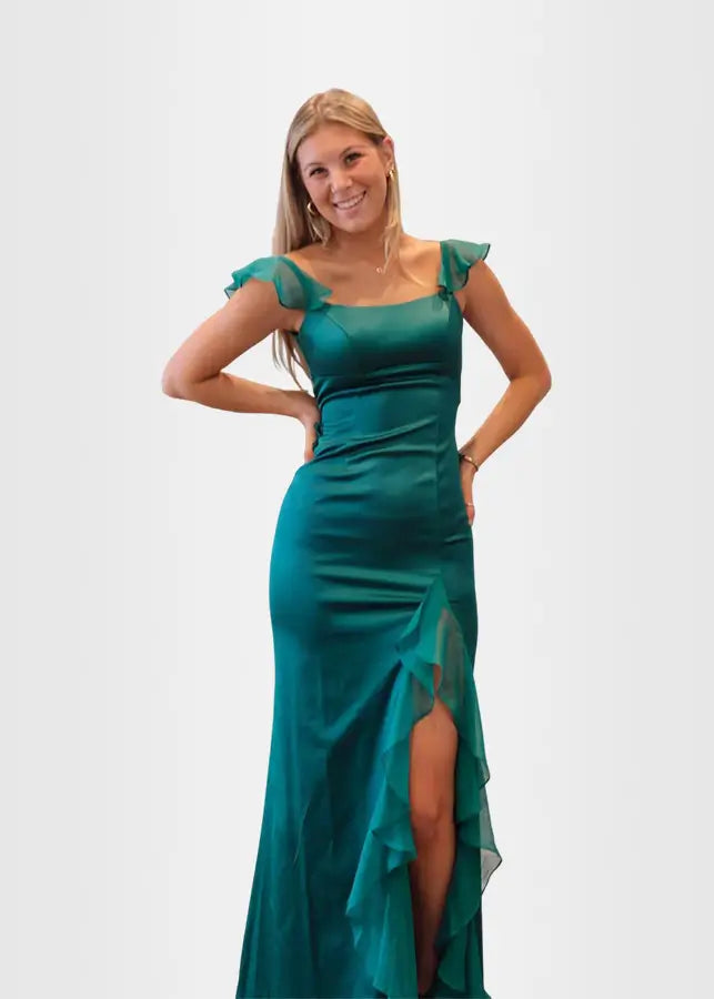 Kimberley |Sheath/Column Emerald Green Square Neck Ruffle Slit Long Prom Dress with Satin - Green - US0 - PromDressClub
