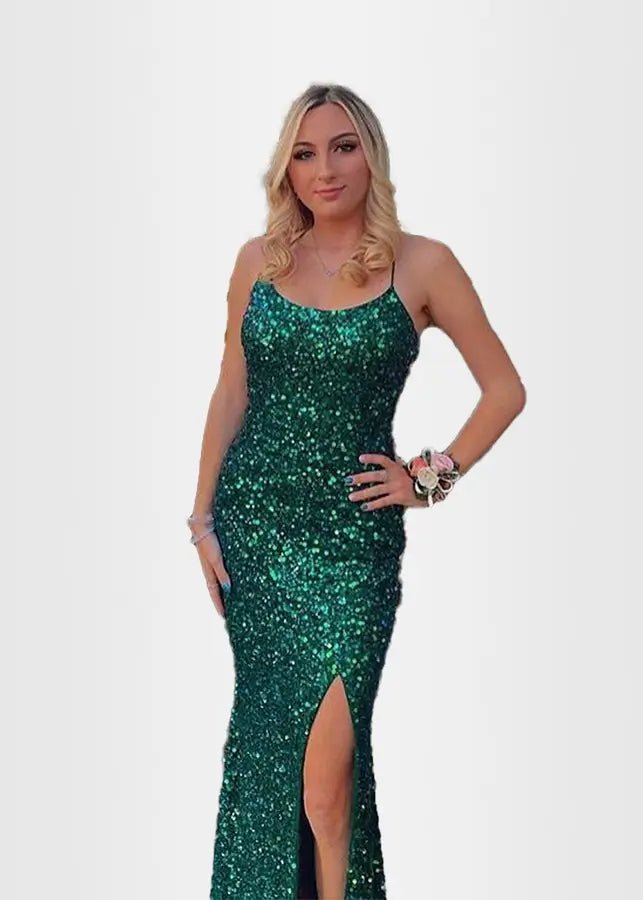 Novia | Royal Blue Prom Dresses Long Mermaid Glitter Sequins with Slit - Dark Green - PromDressClub