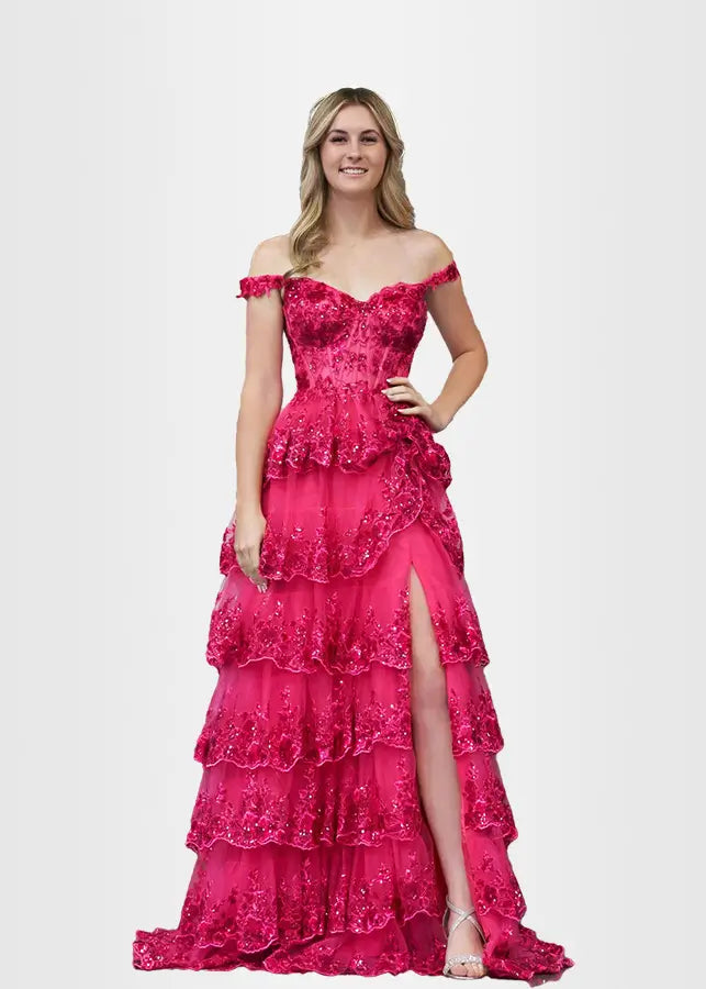 Lydia | A Pink Prom Dress Long A Line Princess Off the Shoulder Lace Ruffles With Corset - Fuchsia - PromDressClub