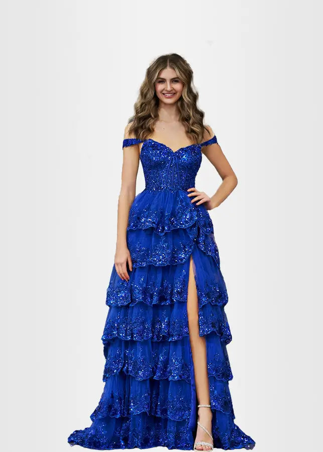Lydia | A Pink Prom Dress Long A Line Princess Off the Shoulder Lace Ruffles With Corset - Royal Blue - PromDressClub