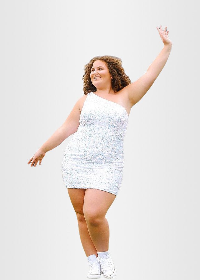 Lindsay |Orange Homecoming Dresses Short Long Sleeve One Shoulder Sequined - White - PromDressClub