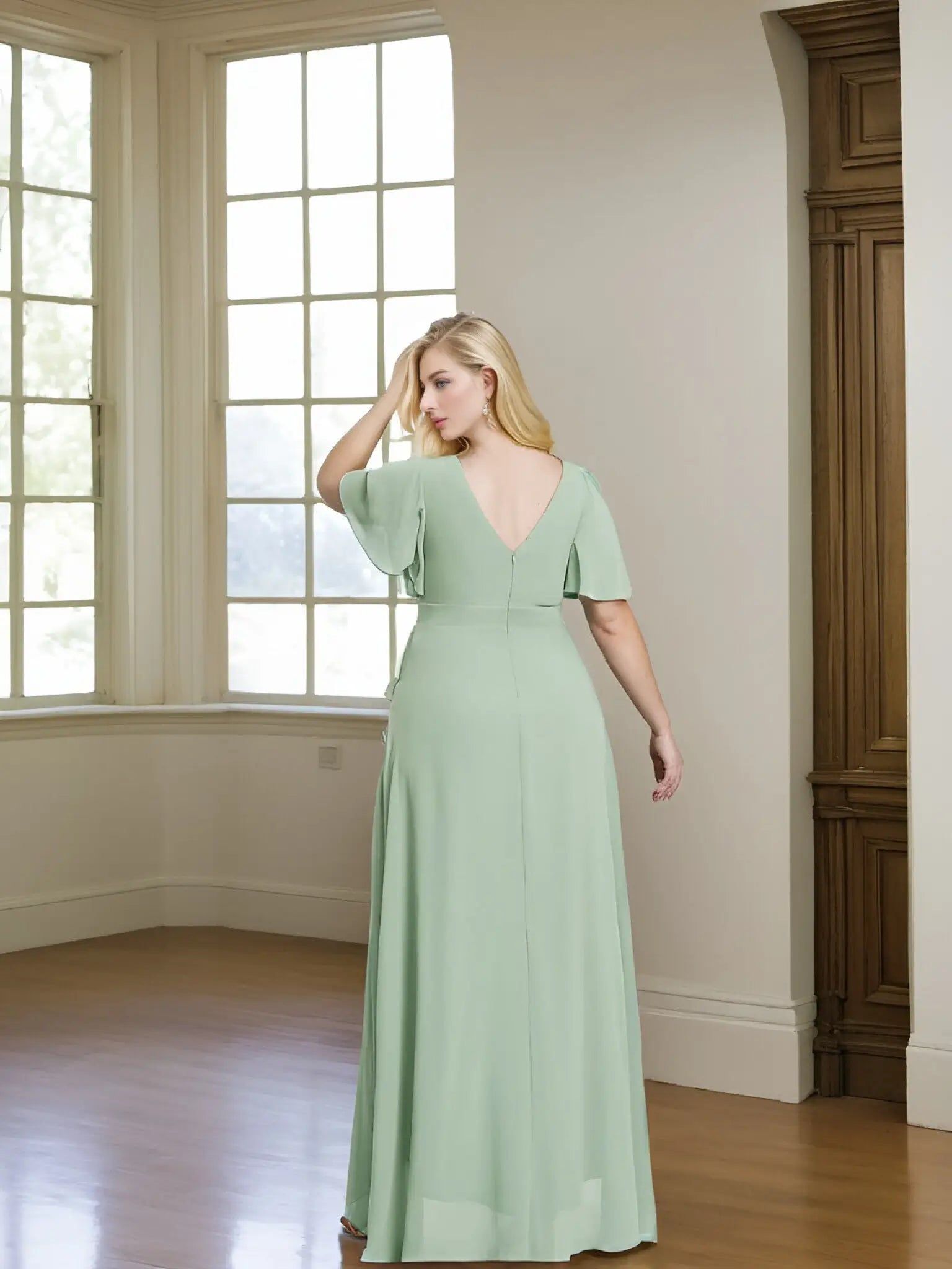 Theresa | Champagne and Royal Blue Plus Size A Line ruffle Prom Dress with Slit - Sage Green - PromDressClub