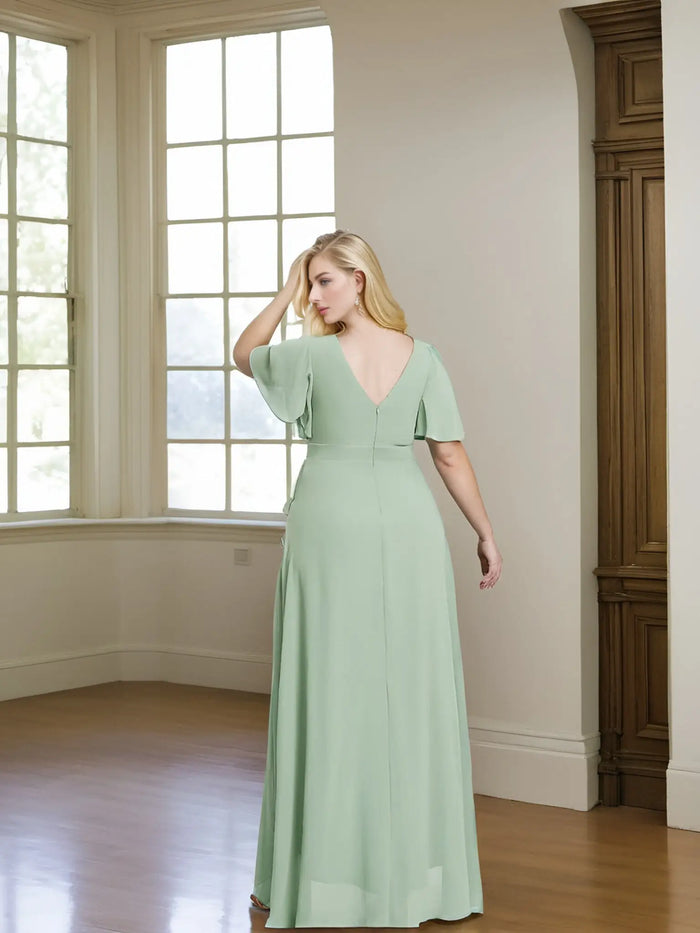Theresa | Champagne and Royal Blue Plus Size A Line ruffle Prom Dress with Slit - Sage Green - PromDressClub