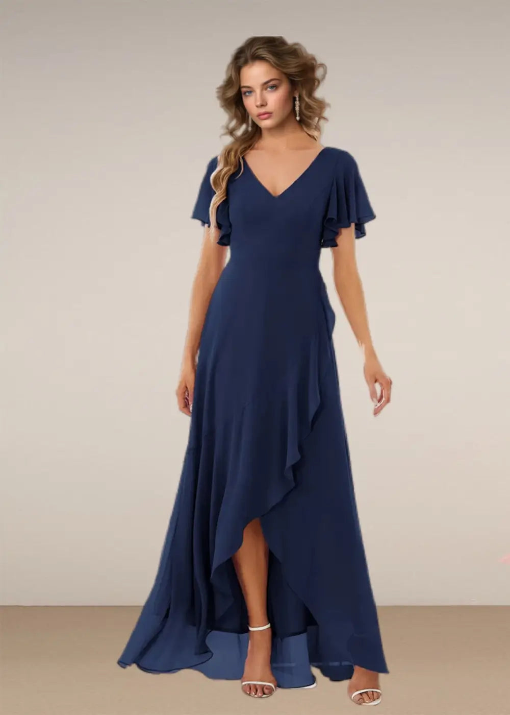 Theresa | Champagne and Royal Blue Plus Size A Line ruffle Prom Dress with Slit - Navy Blue - PromDressClub