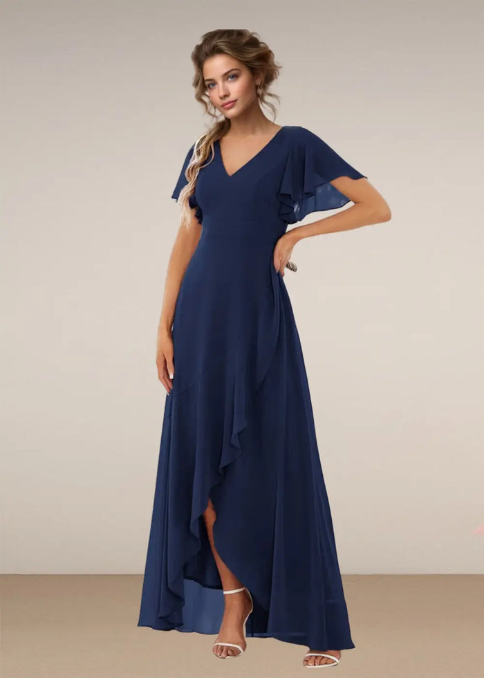 Theresa | Champagne and Royal Blue Plus Size A Line ruffle Prom Dress with Slit - Navy Blue - PromDressClub