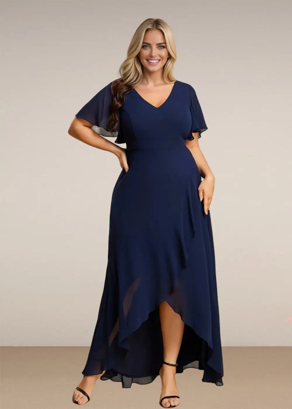 Theresa | Champagne and Royal Blue Plus Size A Line ruffle Prom Dress with Slit - Navy Blue - PromDressClub