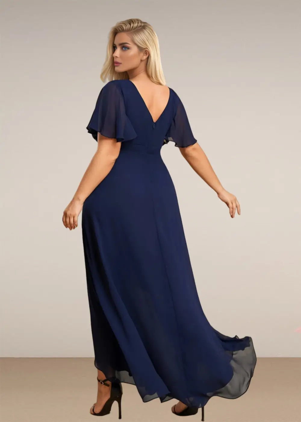 Theresa | Champagne and Royal Blue Plus Size A Line ruffle Prom Dress with Slit - Navy Blue - PromDressClub