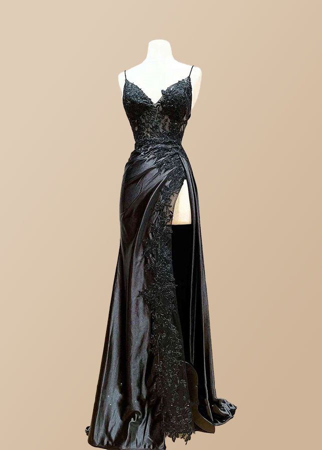 Kristin | Black Prom Dresses Long Mermaid V Neck Lace with High Slit - Black - PromDressClub