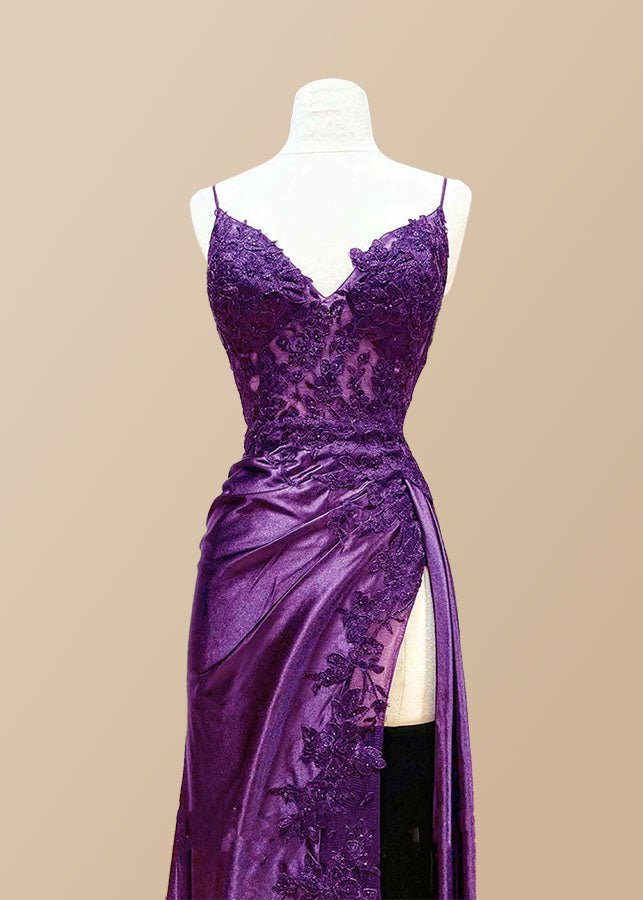 Kristin | Black Prom Dresses Long Mermaid V Neck Lace with High Slit - Purple - PromDressClub
