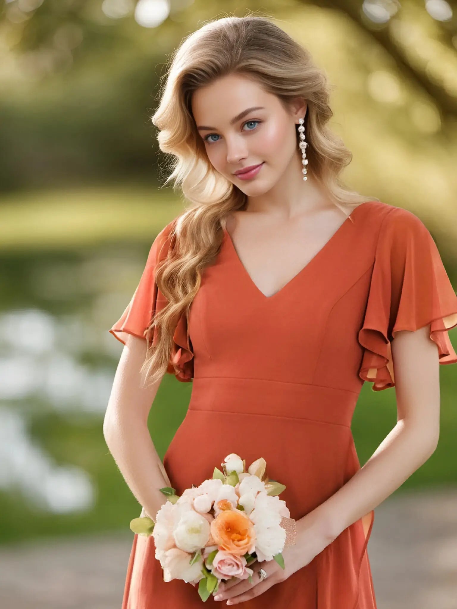 Theresa | Champagne and Royal Blue Plus Size A Line ruffle Prom Dress with Slit - Orange - PromDressClub