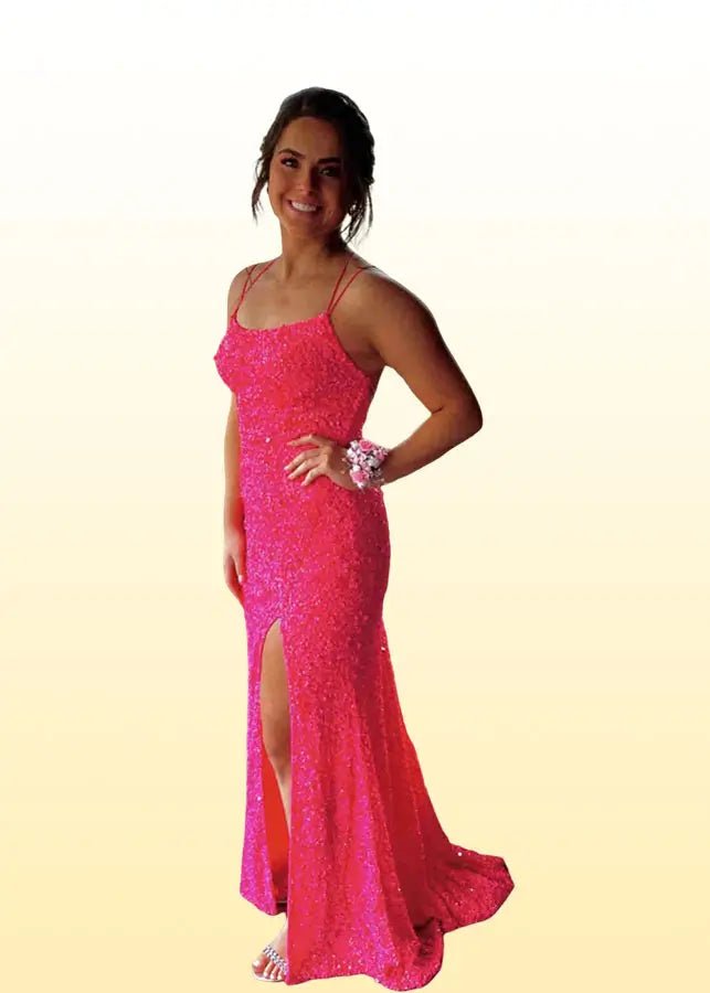 Julia | Royal Blue Prom Dresses Long Mermaid Sparkle Sequins Spaghetti Straps with Slit - Hot Pink - PromDressClub