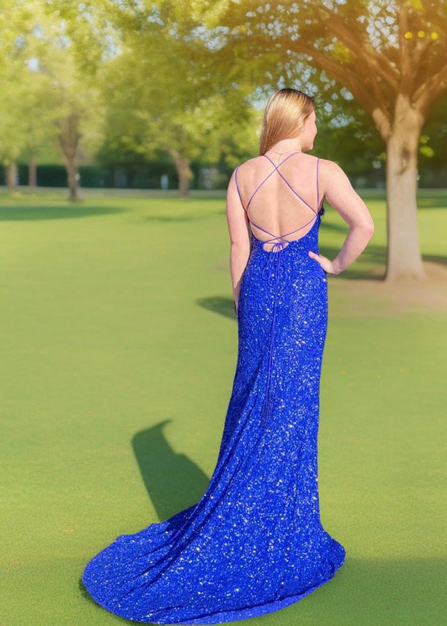 Julia | Royal Blue Prom Dresses Long Mermaid Sparkle Sequins Spaghetti Straps with Slit - Royal Blue - PromDressClub