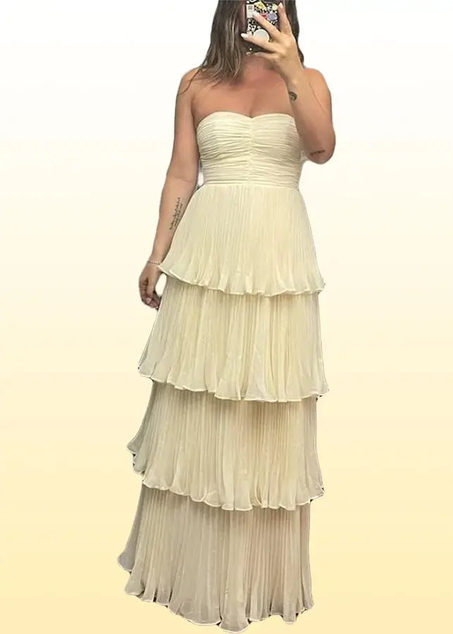 Judith | Green Prom Dress Long A Line Strapless Multi - Layer with Ruffle - Yellow - PromDressClub