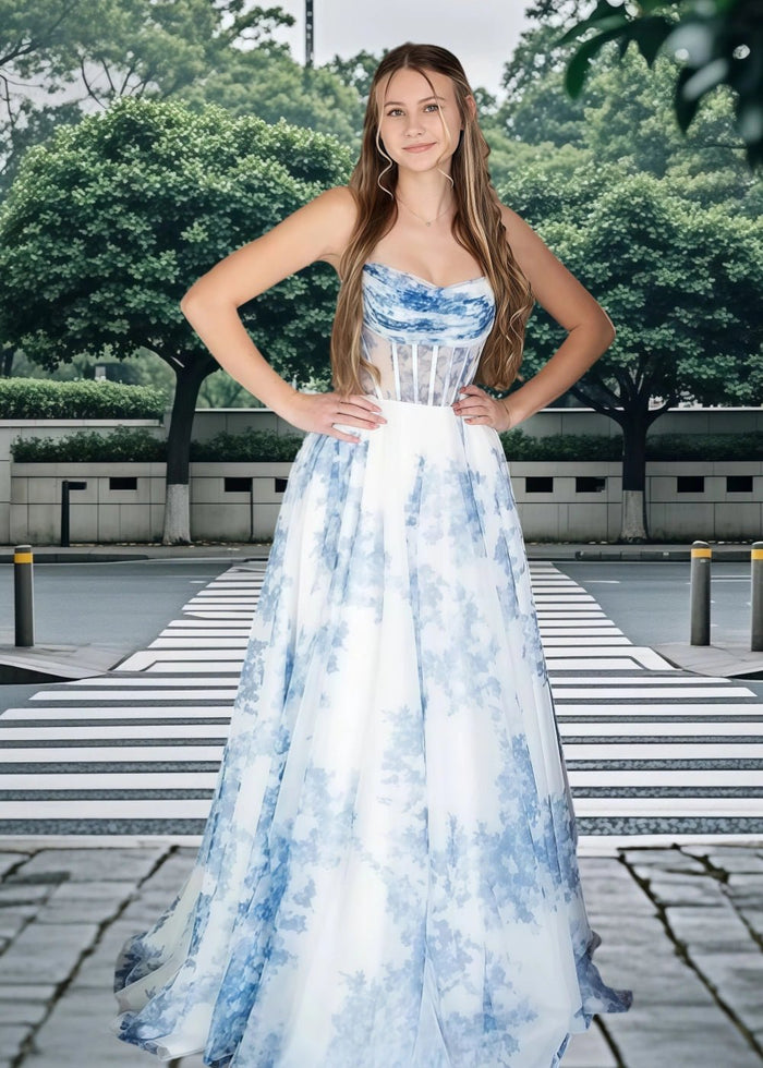 Camille | A Line Blue Floral Corset Strapless Maxi Formal Dress - Blue Floral - PromDressClub