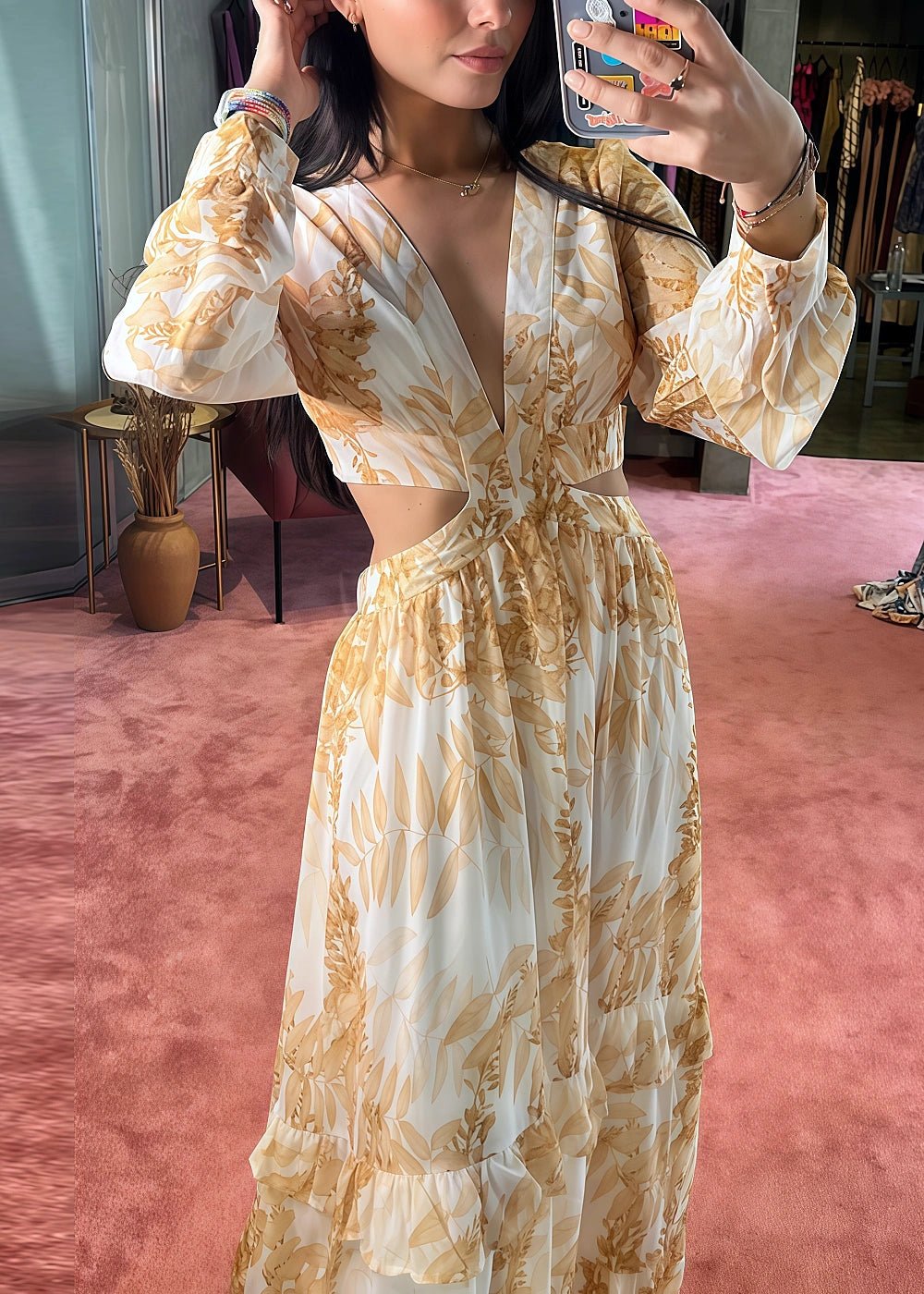 A Line Green Floral Long Sleeve V Neck Formal Dress with Ruffles - Champagne Floral - PromDressClub