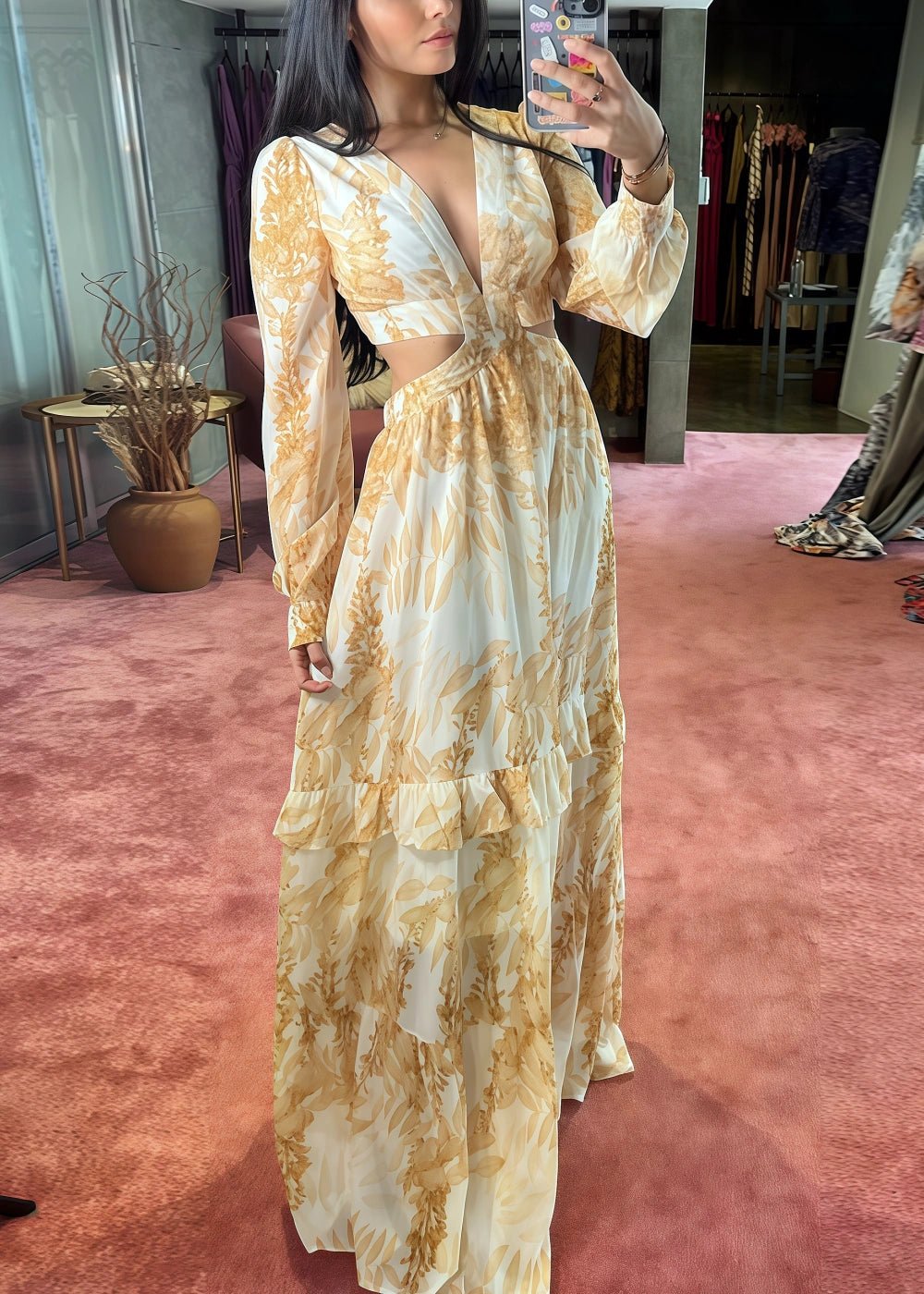 A Line Green Floral Long Sleeve V Neck Formal Dress with Ruffles - Champagne Floral - PromDressClub