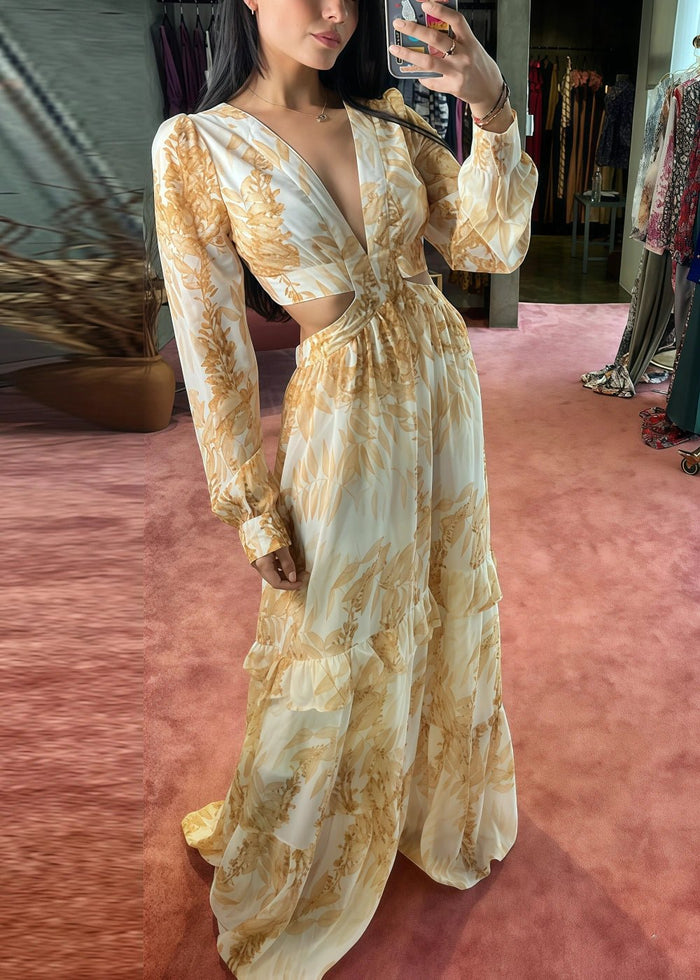 A Line Green Floral Long Sleeve V Neck Formal Dress with Ruffles - Champagne Floral - PromDressClub