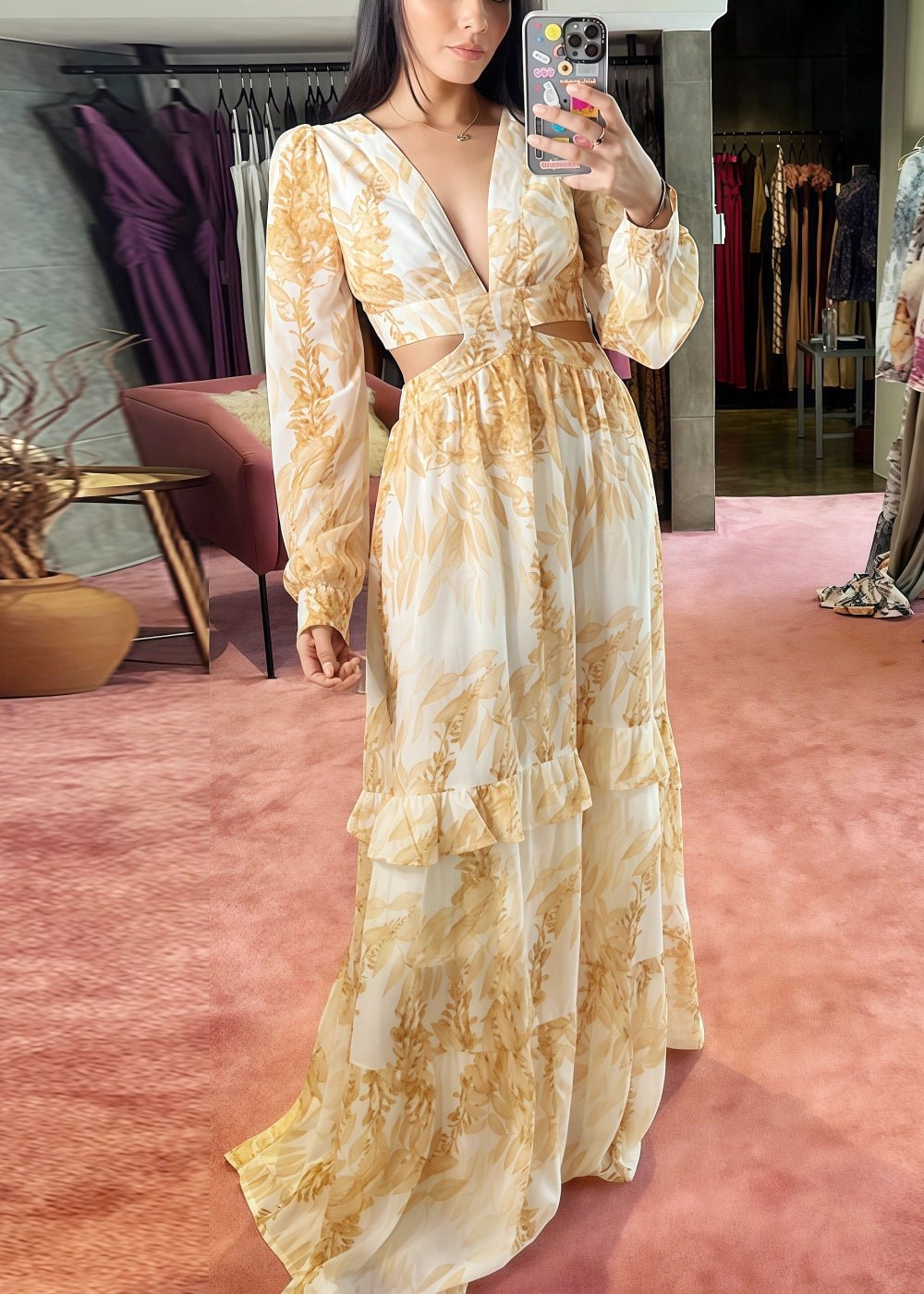 A Line Green Floral Long Sleeve V Neck Formal Dress with Ruffles - Champagne Floral - PromDressClub