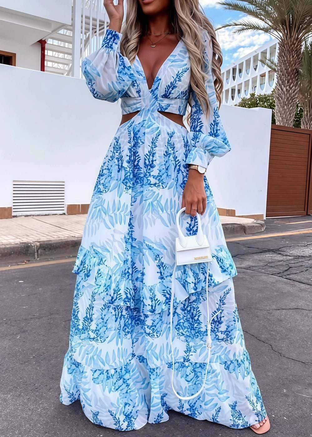 A Line Green Floral Long Sleeve V Neck Formal Dress with Ruffles - Light Blue Floral - PromDressClub