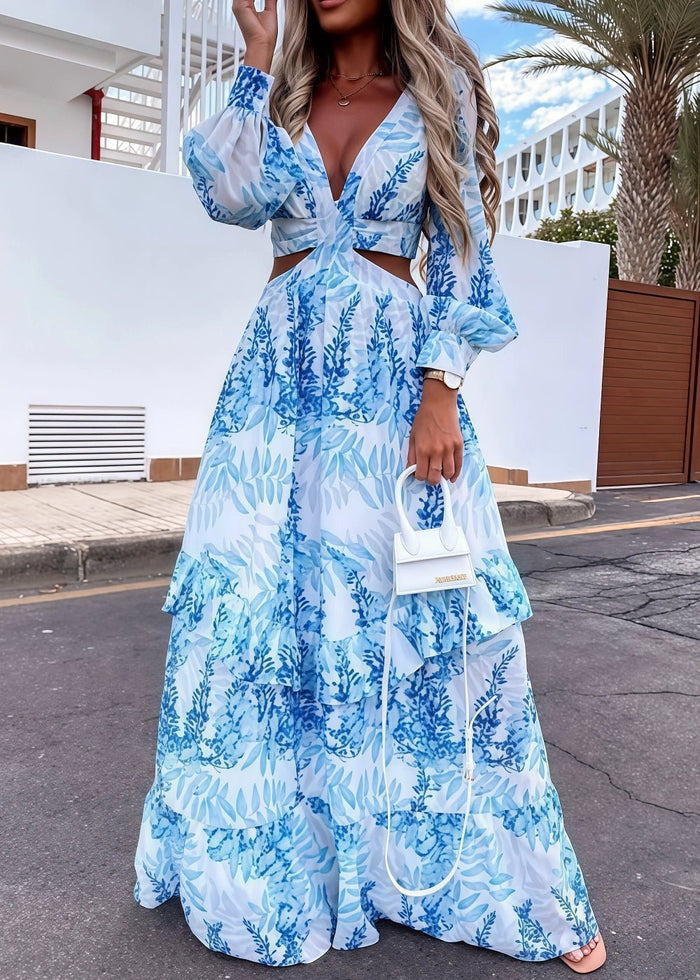 A Line Green Floral Long Sleeve V Neck Formal Dress with Ruffles - Light Blue Floral - PromDressClub