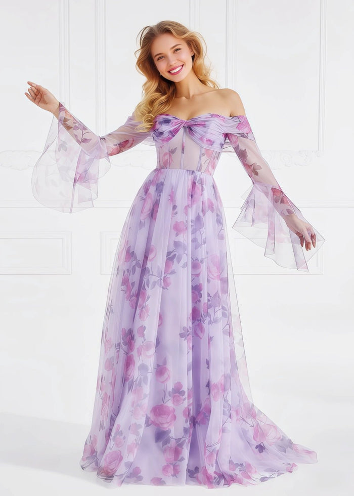 Adele | A Line Lavender Floral Off the Shoulder Formal Dress with Slit - Lavender Floral - PromDressClub