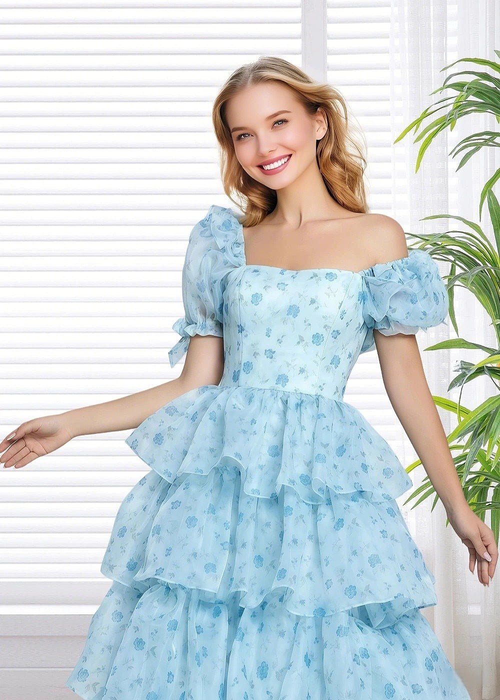 A Line Light Blue Floral Puff Sleeve Ruffle Maxi Formal Dress - Light Blue Floral - PromDressClub