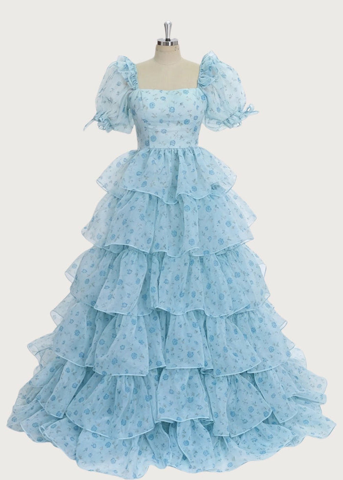 A Line Light Blue Floral Puff Sleeve Ruffle Maxi Formal Dress - Light Blue Floral - PromDressClub