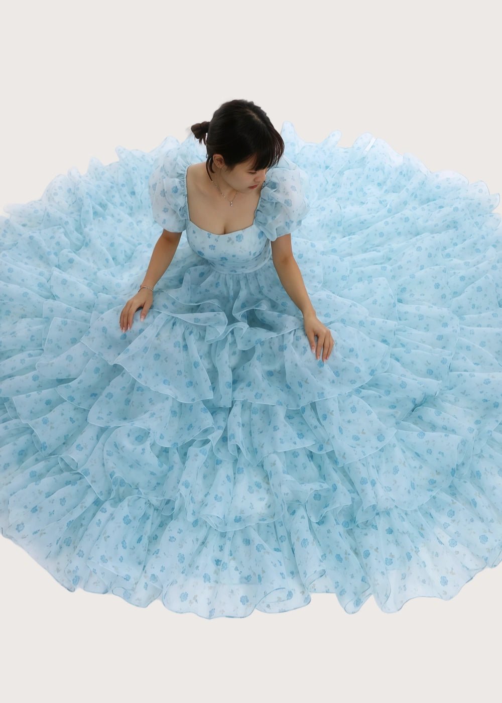 A Line Light Blue Floral Puff Sleeve Ruffle Maxi Formal Dress - Light Blue Floral - PromDressClub