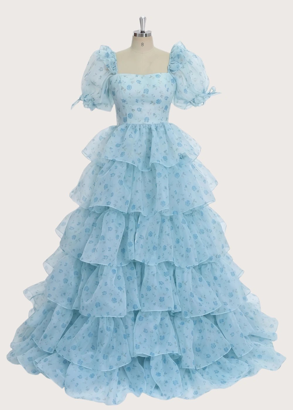 A Line Light Blue Floral Puff Sleeve Ruffle Maxi Formal Dress - Light Blue Floral - PromDressClub