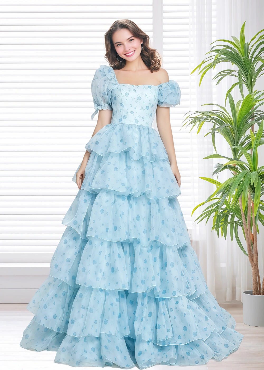 A Line Light Blue Floral Puff Sleeve Ruffle Maxi Formal Dress - Light Blue Floral - PromDressClub
