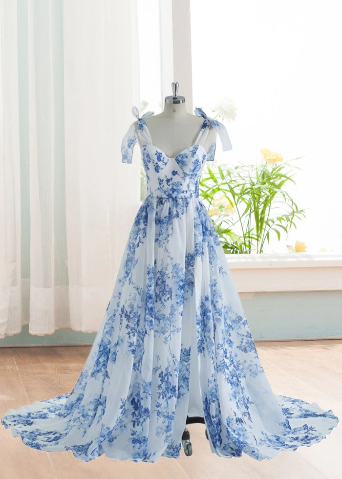 Alice | A Line Light Blue White Floral Corset Formal Dress with Bow - Light Blue Floral - PromDressClub