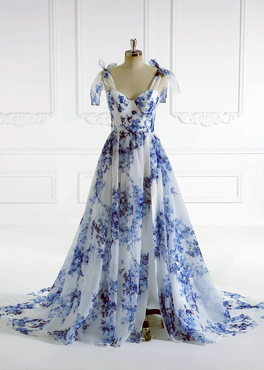 Alice | A Line Light Blue White Floral Corset Formal Dress with Bow - Light Blue Floral - PromDressClub