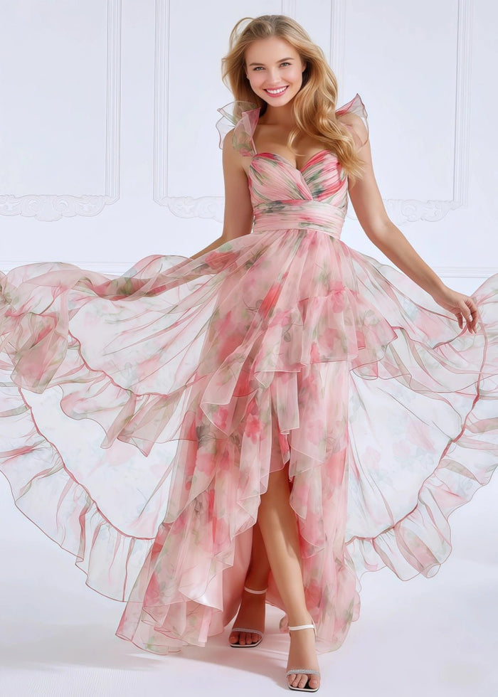 Alexandra | A Line Light Pink Floral High Low Formal Dress - Light Pink Floral - PromDressClub