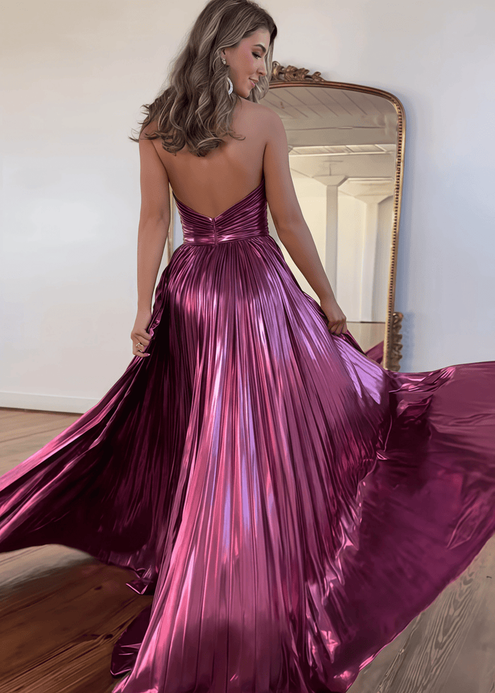 Edwina |A - Line Metallic Blush Long Prom Dress With Halter Neck Pleated Slit - Fuchsia - PromDressClub