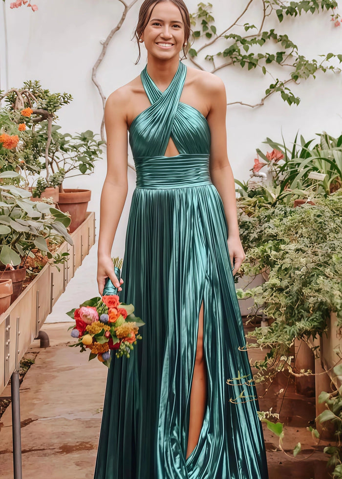 Edwina |A - Line Metallic Blush Long Prom Dress With Halter Neck Pleated Slit - Green - PromDressClub