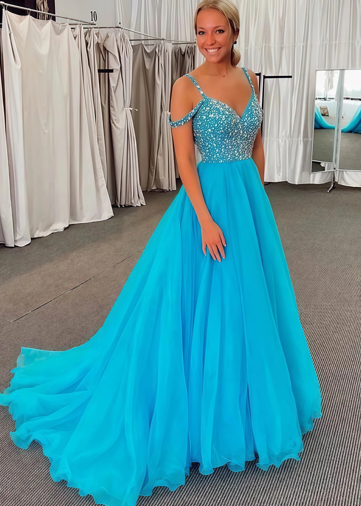 Arlene | Blue Ball - Gown/Princess Cold Shoulder Beaded Tulle Prom Dress - Blue - PromDressClub