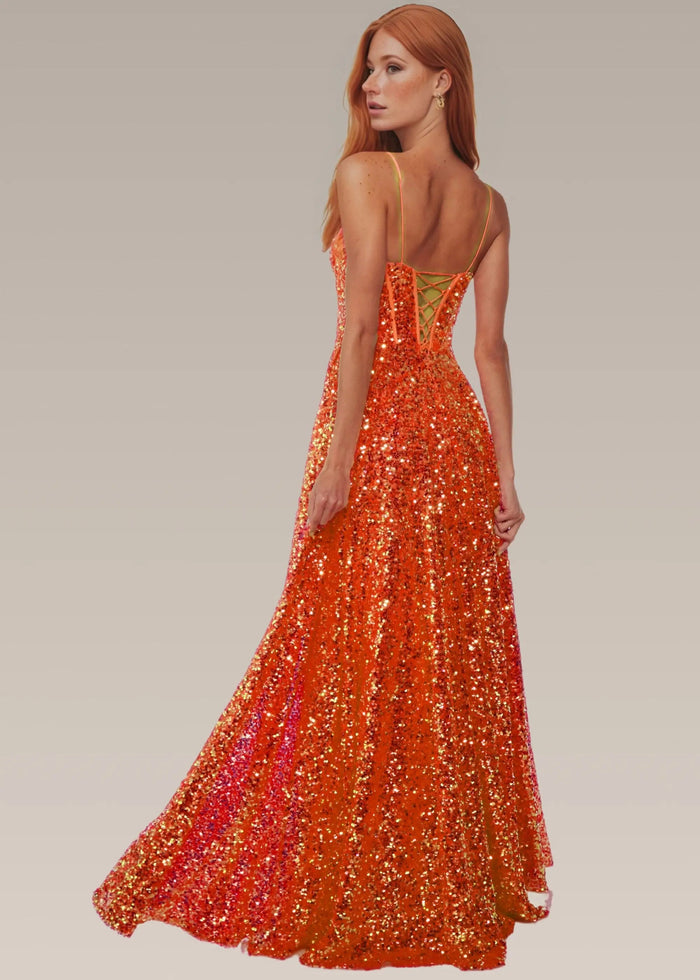Tina | Red Sequin A Line Corset Backless Prom Dress with Slit - Orange - PromDressClub