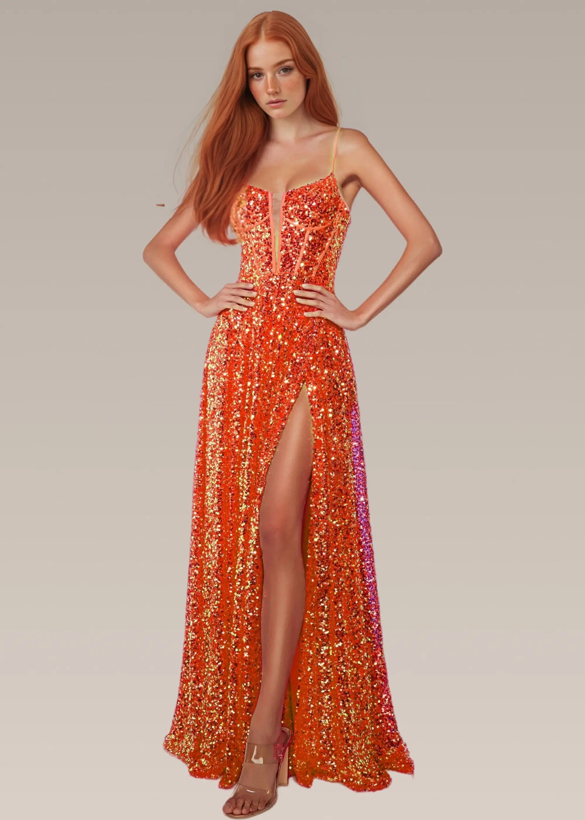 Tina | Red Sequin A Line Corset Backless Prom Dress with Slit - Orange - PromDressClub