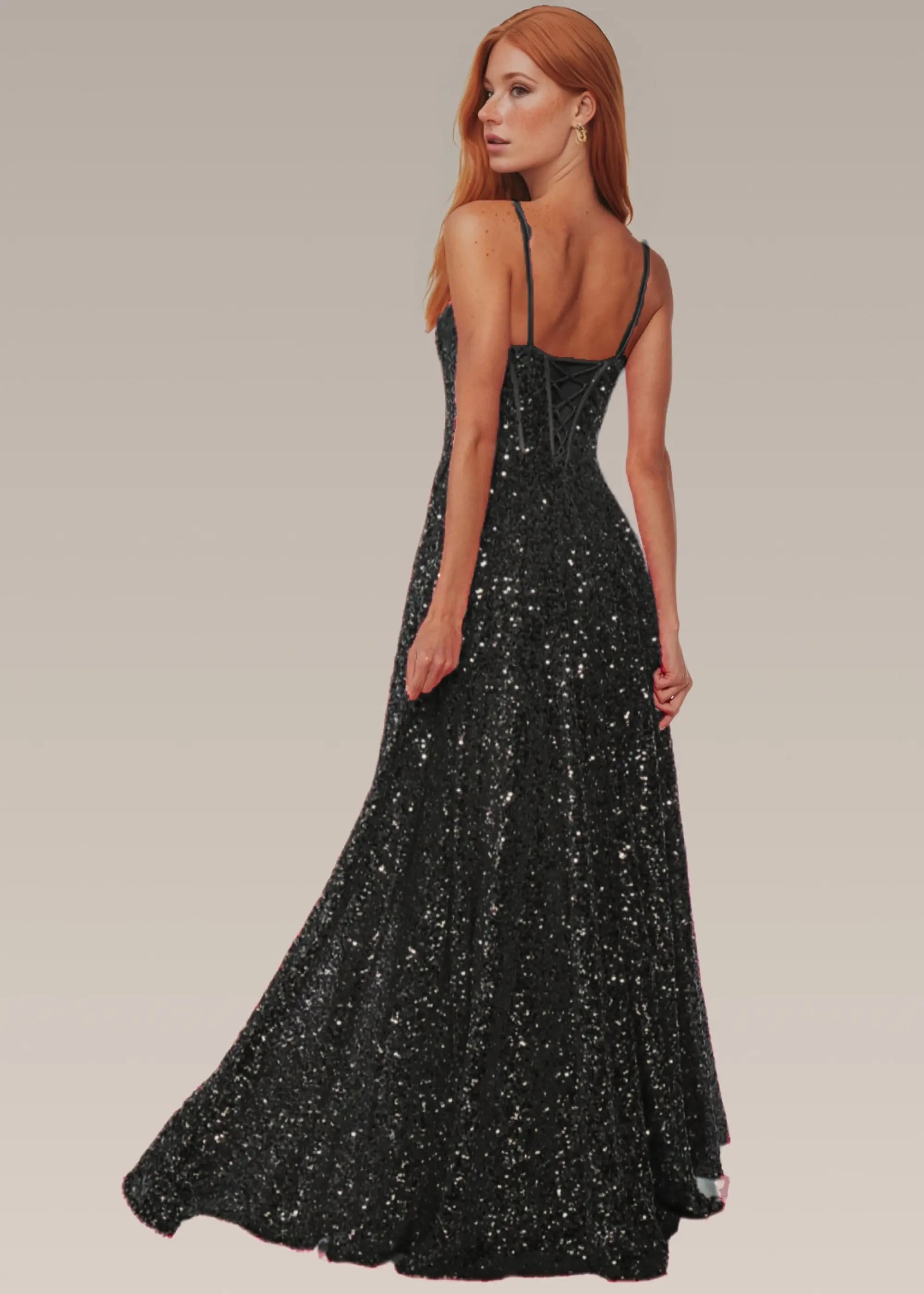 Tina | Red Sequin A Line Corset Backless Prom Dress with Slit - Black - PromDressClub