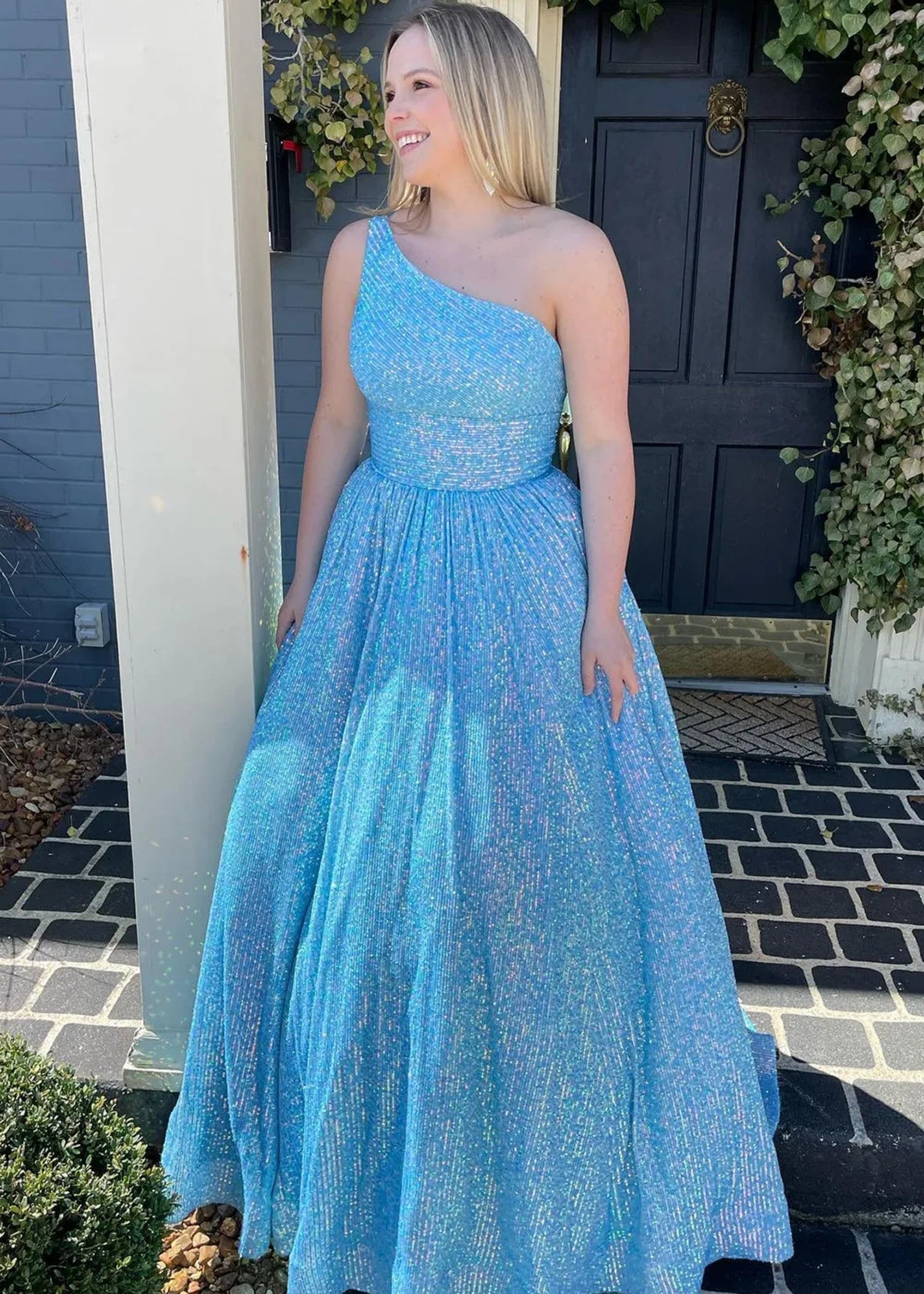 Christie | A Line/Princess Plus Size Orange Seuquin Backless One Shoulder Prom Dress - Blue - PromDressClub